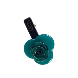 Elegant teal floral acetate hair clip with golden handmade logo on white background