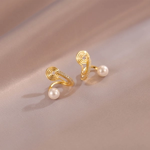 Élégantes Boucles d'Oreilles Clips Zirconia Künstliche Perle Design Spirale Cuivre Plaqué Or Sans Perçage Bijoux Pour Femmes