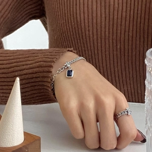 Vintage silver chain bracelet and ring set with square blue zircon gemstone detail