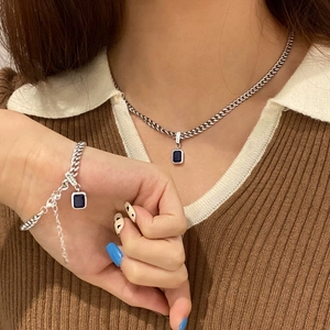 Blue zircon square stone Cuban chain jewelry set including necklace and bracelet