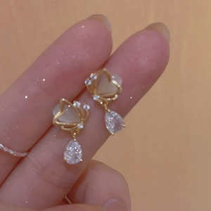 Elegant gold butterfly earrings with heart opal and teardrop crystal zircon drops
