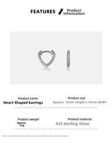 Détail des boucles d'oreilles cœur en argent 925 avec dimensions de 12 mm x 14 mm