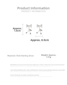 Detail view of S925 sterling silver bow cherry earrings with precise size measurements