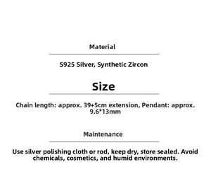 Detailed specs of S925 silver square pendant necklace with synthetic zirconia size info