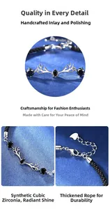 Detail of woven rope couple bracelet featuring silver deer antlers and black zirconia