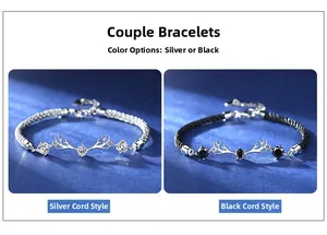Close-up of couple bracelets with deer antler metal pendants and adjustable woven ropes