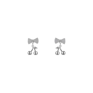 Sparkling silver bow and cherry drop earrings featuring inlaid white cubic zirconia stones