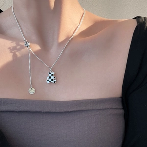Checkerboard Bear Pendant Necklace For Women Copper Thai Silver Plated Crown Lucky Star Sweet Cool Fashion Jewelry Gift