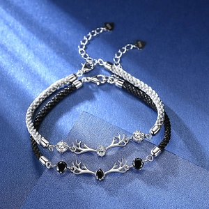 Copper Antler Bracelet For Women Couples Rhinestone Inlaid Adjustable Woven Rope Chain Jewelry Valentine's Day Birthday Gift