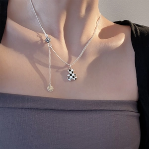 Bear checkerboard pendant necklace with silver crown beads on a delicate chain for women
