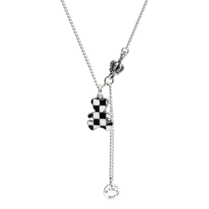 Bear checkerboard pendant necklace in S925 silver with crown detail and lucky star charm