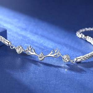 Elegant deer antler couple bracelet with crystals and silver woven cord for Valentine's Day