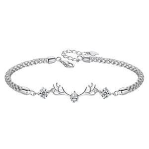 Forest style silver deer antler bracelet with water-drop zircon for women and couples