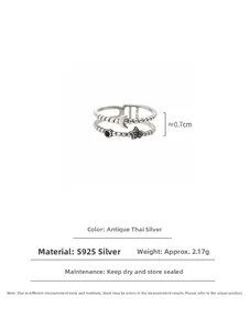 Detailed view of S925 silver star moon ring with retro Thai silver finish and black zircon