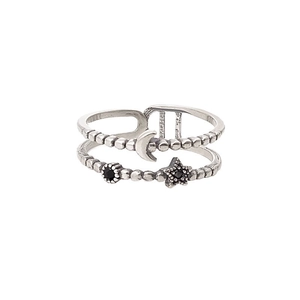 Exquisite double-layer star and moon open ring with black zircon in vintage silver finish