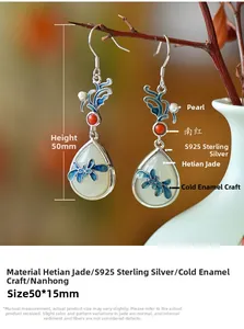 Detail view of teardrop Hetian jade earrings with blue dragonfly enamel on silver hooks