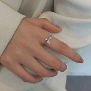 Elegant Bowknot Open Ring Copper Plated Cubic Zirconia Adjustable Finger Ring Fashionable Minimalist Jewelry For Women Gift
