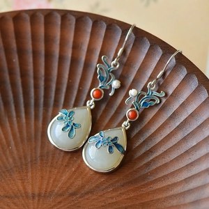 Hetian jade drop earrings with blue enamel butterfly and flower details in vintage style