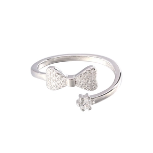 Sparkling S925 sterling silver bow ring with zircon stones in adjustable open design