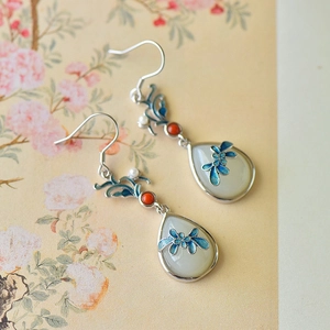 Hetian jade flower earrings with blue cloisonne butterfly and silver tassels
