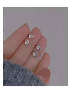 Détails des boucles d'oreilles planètes dorées et argentées avec zircone marquise sur la main