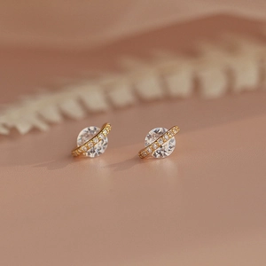Boucles d'Oreilles Clous Planète Saturne pour Femmes Cuivre Strass Bijoux Célestes Tige en Argent Sterling 925 Rétro