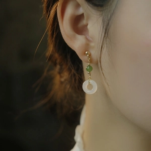 Orecchini a Pendolo in Stile Cinese Vintage per Donna Rame Placcato Oro Giada Artificiale Fibbia della Pace Gioielli Lunghi