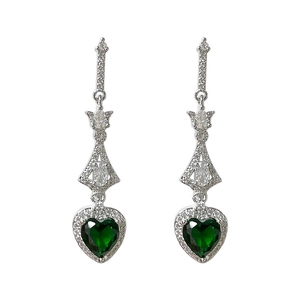 Orecchini pendenti vintage a cuore verde smeraldo con zirconi e perni in argento