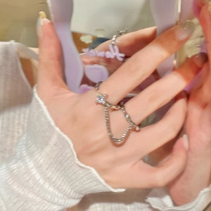 Minimalist Copper Adjustable Chain Ring For Women Silver Plated Geometric Square Rhinestone Double Layer Open Ring Jewelry