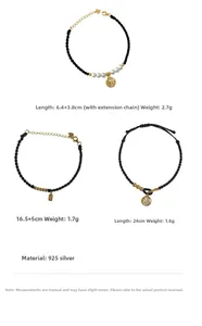 Detail view of 925 sterling silver black woven bracelets and anklets with Fu charms