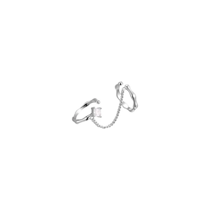Silver chain ear cuff with square zircon stone and minimalist adjustable double-hoop design