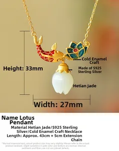 Detail of S925 silver lotus koi pendant with white Hetian jade teardrop and enamel work