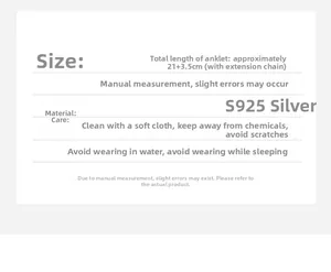 Size specifications for S925 silver anklet showing length 21cm plus 3.5cm extension chain