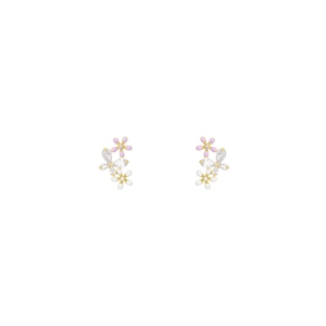 Elegant gold flower and butterfly stud earrings with pink enamel and sparkling zircons