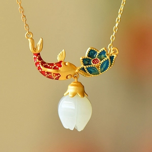 Vintage Chinese Style Koi Fish Lotus Pendant Necklace For Women Gold Plated Copper Artificial Jade Enamel Lucky Jewelry