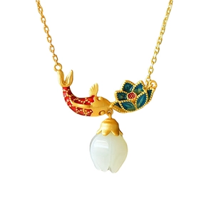 Vintage Chinese gold necklace with enamel carp, lotus, and teardrop jade pendant