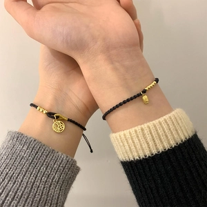 Handwoven Black Braided Cord Bracelet With Gold Plated Copper Fu Blessing Charm Retro Chinese Style Jewelry Gift For Couples