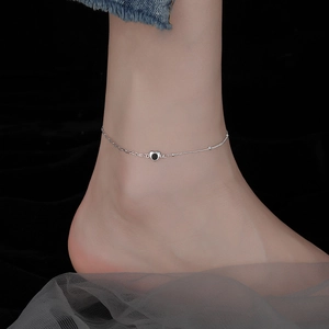 Minimalist S925 silver anklet with asymmetric chain and black heart pendant for women