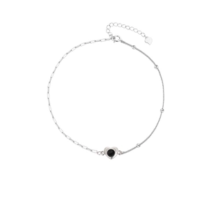 Silver paperclip chain anklet with black heart pendant for women, stylish summer foot jewelry
