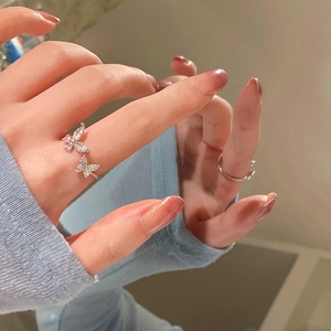 Fashion Copper Butterfly Open Ring For Women White Gold Plated Double Butterfly Rhinestone Adjustable Finger Jewelry