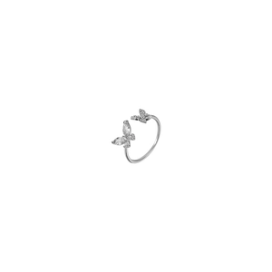 Silver open ring with double butterfly design and sparkling marquise cubic zirconia