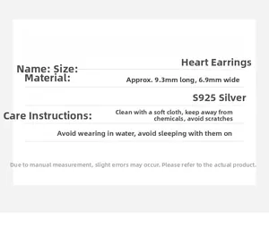 Size guide for S925 silver heart hoop earrings showing precise 9.3mm by 6.9mm dimensions
