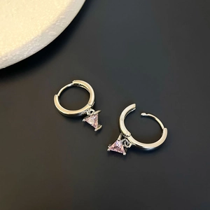 French Sweet Pink Zircon Triangle Pendant Hoop Earrings Copper Silver Plated Elegant Minimalist Jewelry For Women Daily Dating Wear