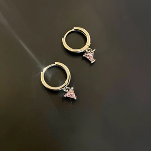 French minimalist silver earrings with sweet pink triangle zircon pendants for women