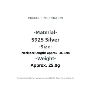 Spécifications du collier en argent S925 avec longueur de 36,5cm et poids de 25g