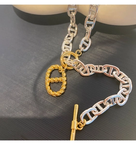 Vue macro du collier chaîne d'ancre bicolore avec fermoir à bascule doré et pendentif H