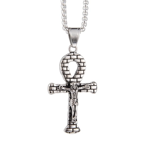 Collana con croce Ankh in acciaio inossidabile argento con crocifisso e texture