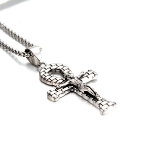 Collana hip hop in acciaio al titanio con croce Ankh egiziana e ciondolo crocifisso di Gesù