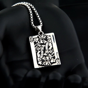 Gothic punk spade K poker pendant necklace in vintage steel with skull king relief
