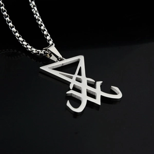 Collier avec pendentif Sceau de Lucifer en acier titane poli et chaîne à billes unisexe